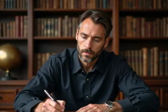 Homme écrivant des chiffres romains à la plume sur du papier ancien dans un bureau studieux