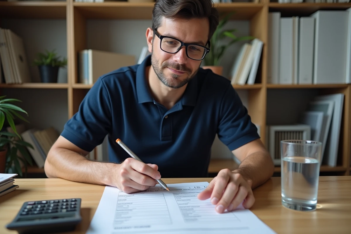 Homme étudiant un tableau de conversion de volume en centimètres cubes et millilitres à son bureau à domicile, avec une calculatrice et des notes imprimées