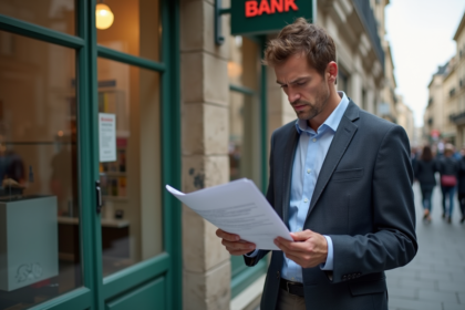 Homme d'âge moyen frustré devant une banque française