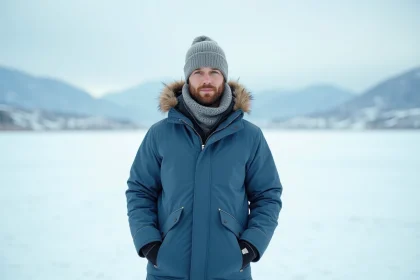 Jeune homme en parka bleue dans un paysage glacé