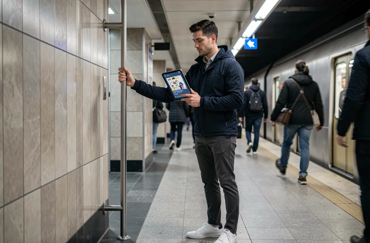 Homme lisant une BD sur tablette dans le métro avec l'application Crunchyscà