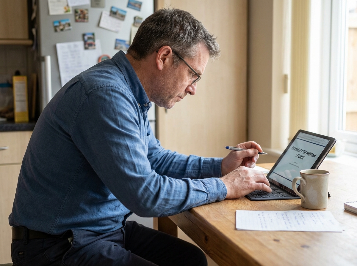 Homme en formation pharmacie sur tablette