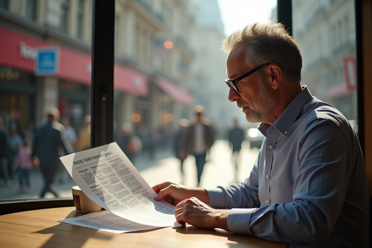 Homme lisant une liste de chanteurs dans un café ensoleille