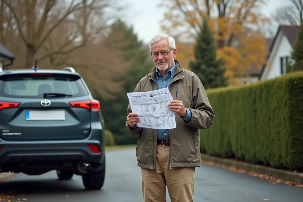 Homme regardant un tableau de conversion de pneus devant son SUV