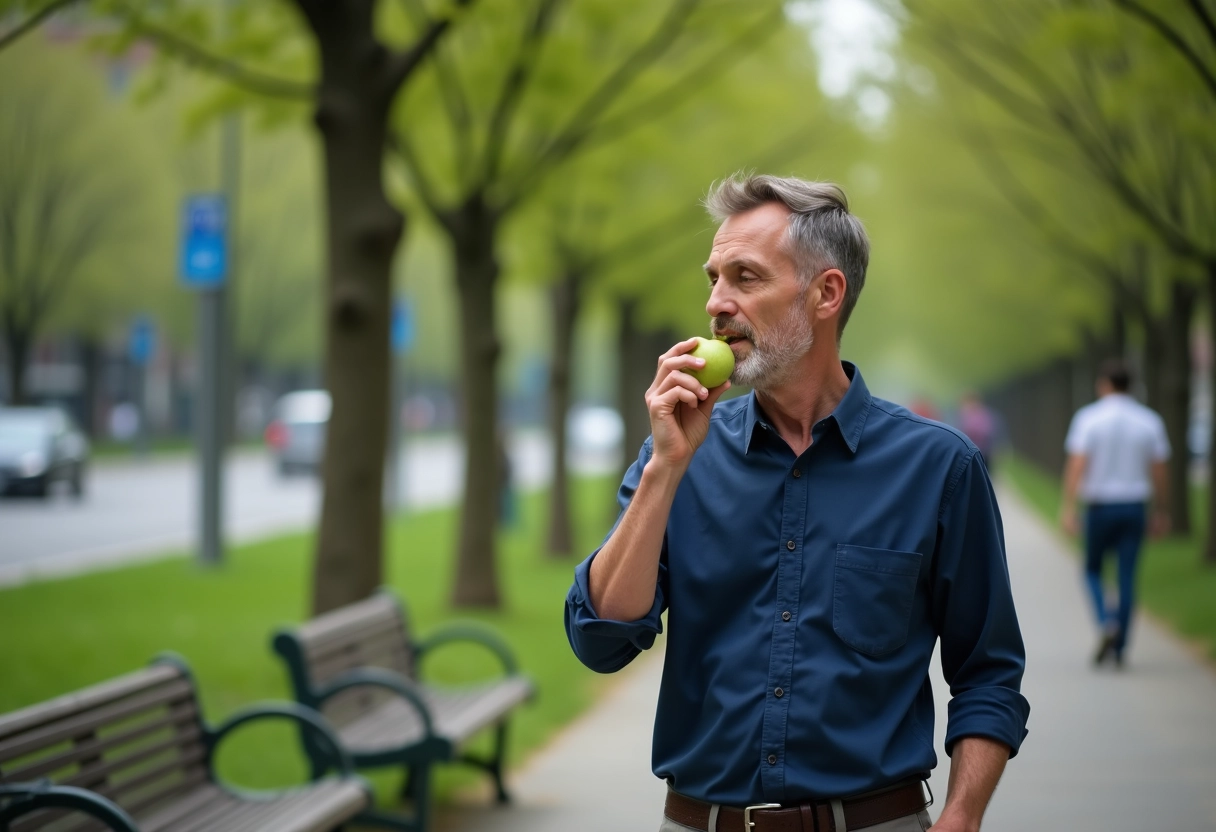 Homme en promenade dans un parc en mangeant une pomme