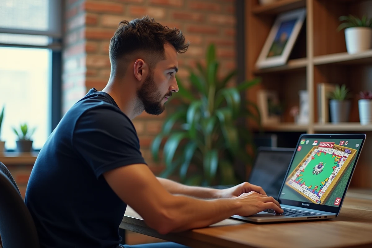 Homme consultant un site de dés gratuits Monopoly GO sur ordinateur portable dans un bureau à domicile