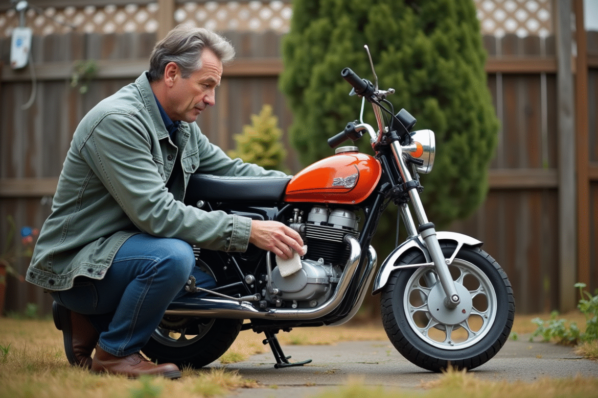 Homme d'âge moyen nettoyant une mini moto peewee 50 dans le jardin