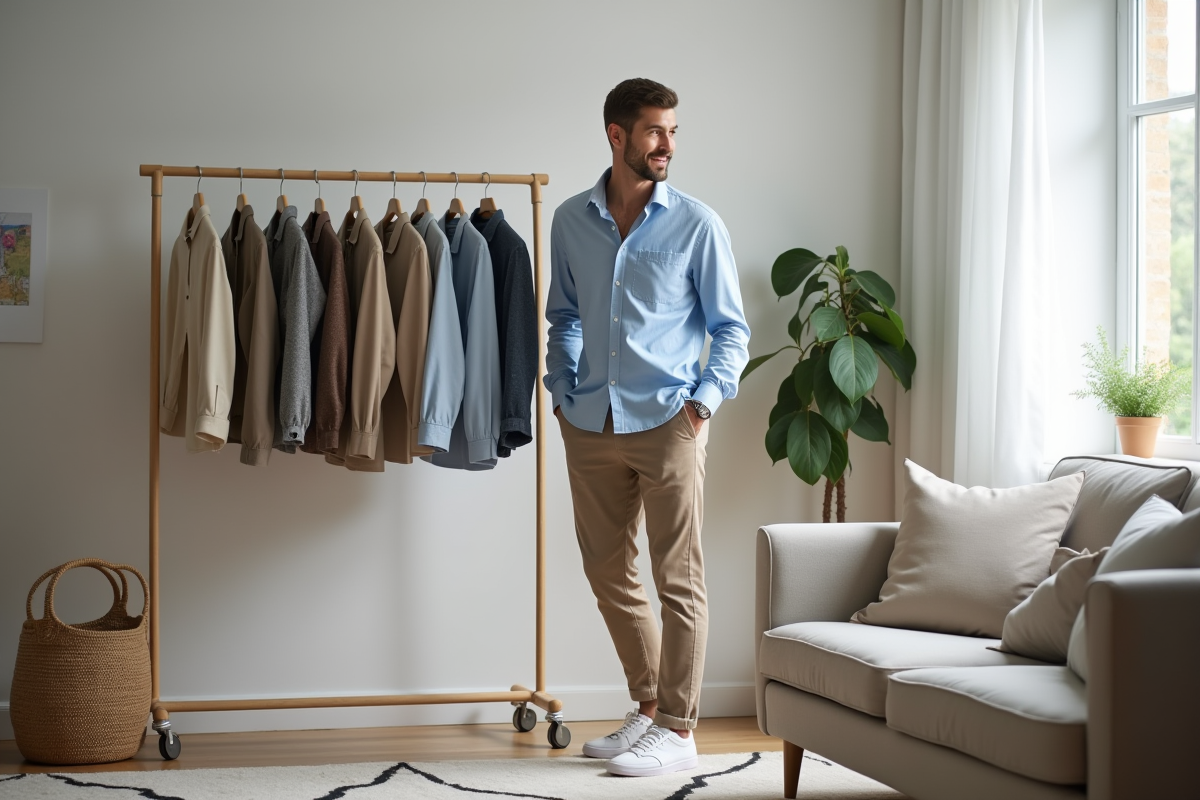 Homme arrangeant sa garde-robe capsule dans un salon moderne