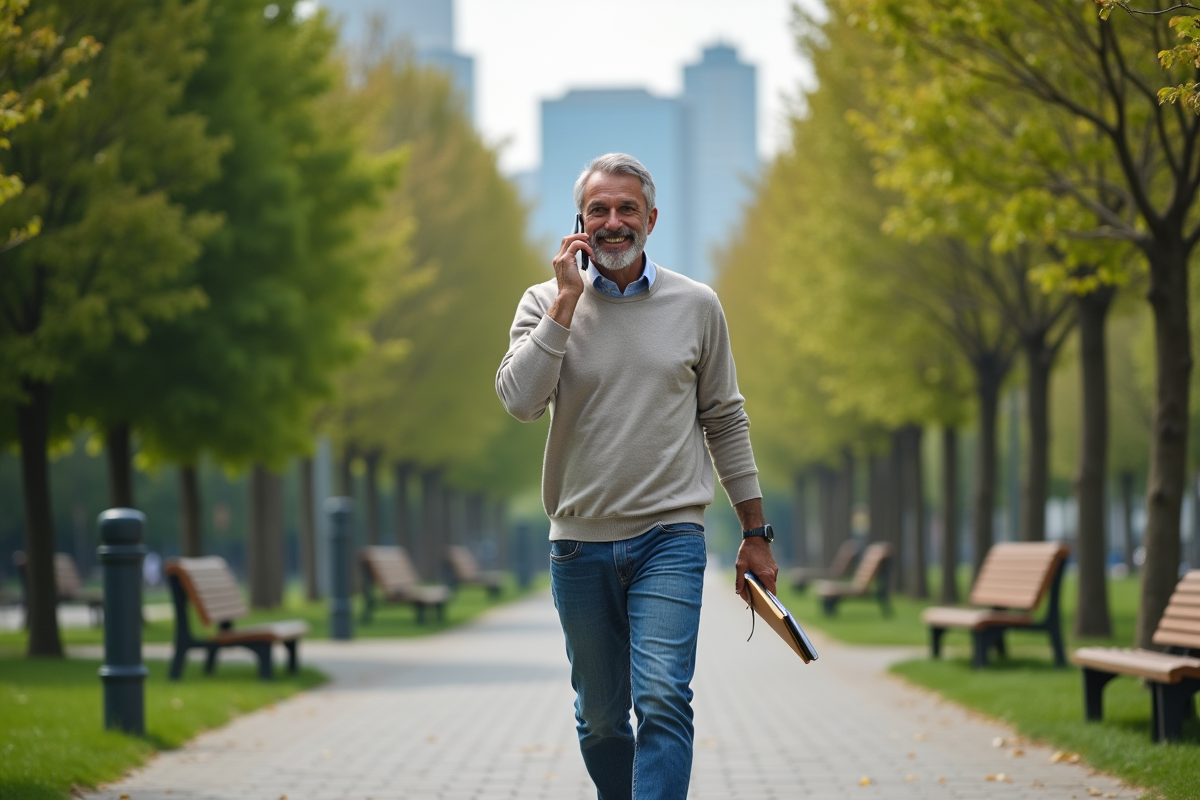 Homme heureux marchant dans un parc urbain en discutant