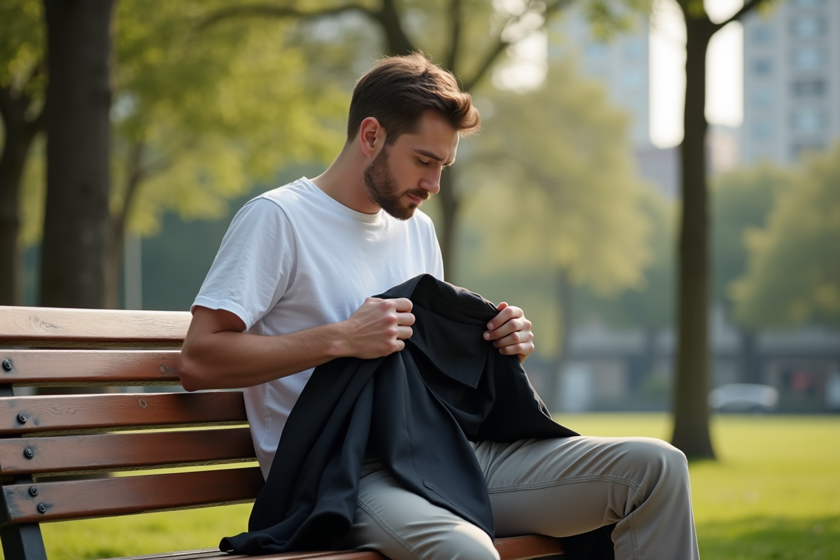 Homme regardant une veste noire dans un parc ensoleille