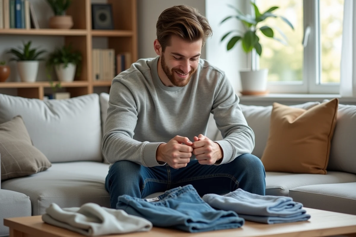 Jeune homme pliant des vêtements dans un salon lumineux