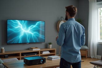 Homme en bleu à côté d'un projecteur 4K moderne dans un salon