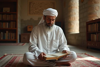 Homme en thobe lisant le Quran dans un cadre serein