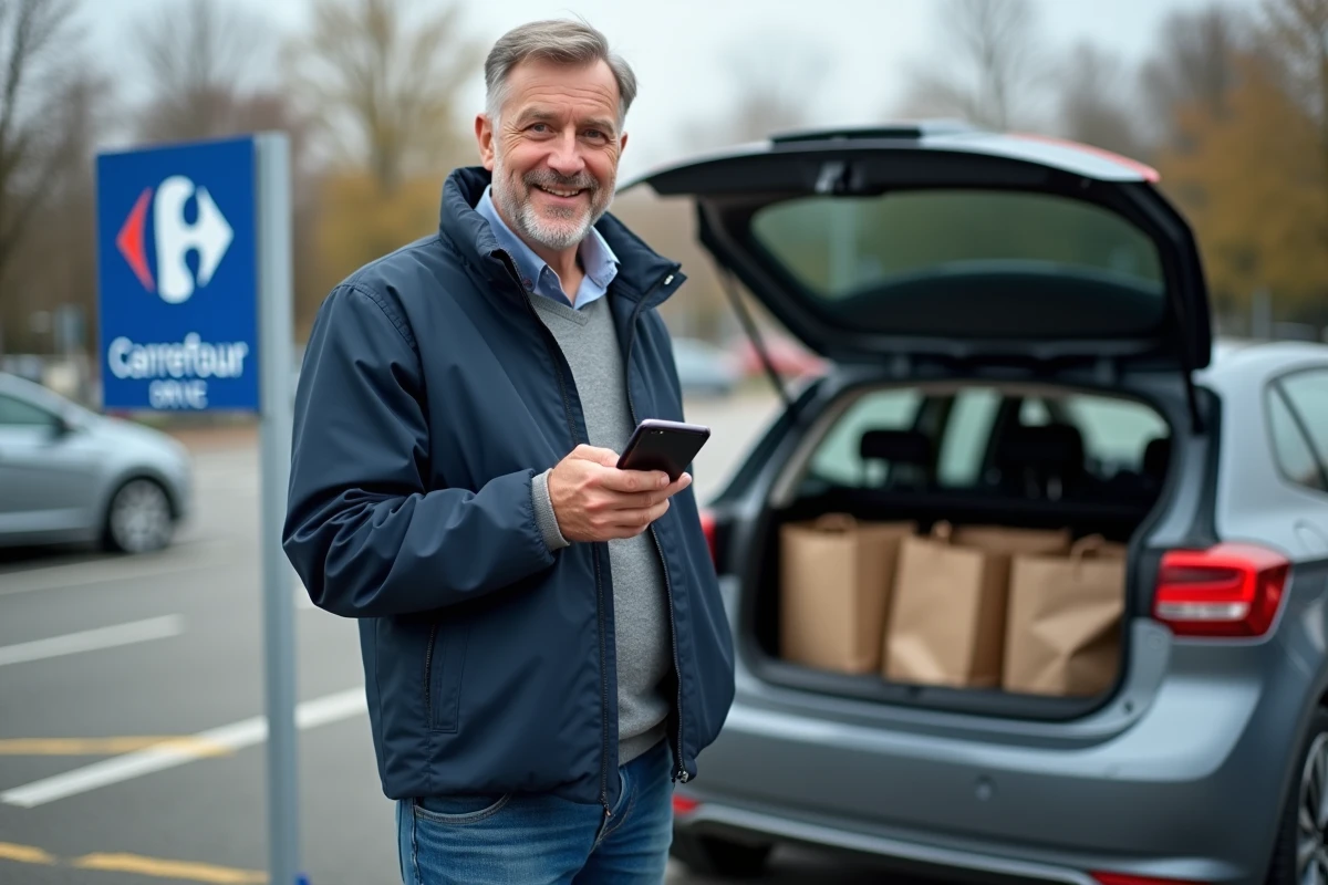 Homme récupérant ses courses Carrefour Drive avec un code promo validé sur smartphone