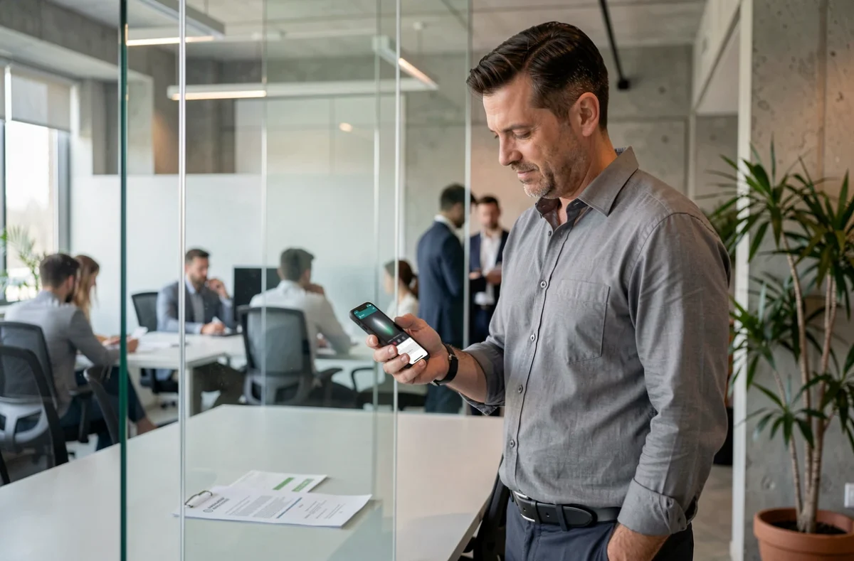 Homme scannant discrètement un document avec son smartphone dans un bureau en open space