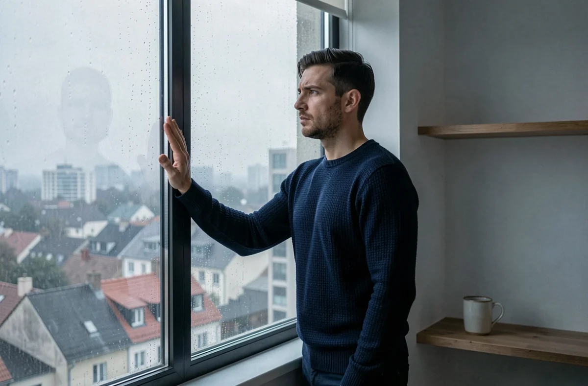 Homme pensif devant une fenêtre pluvieuse contemplant une rupture sentimentale avec une âme sœur