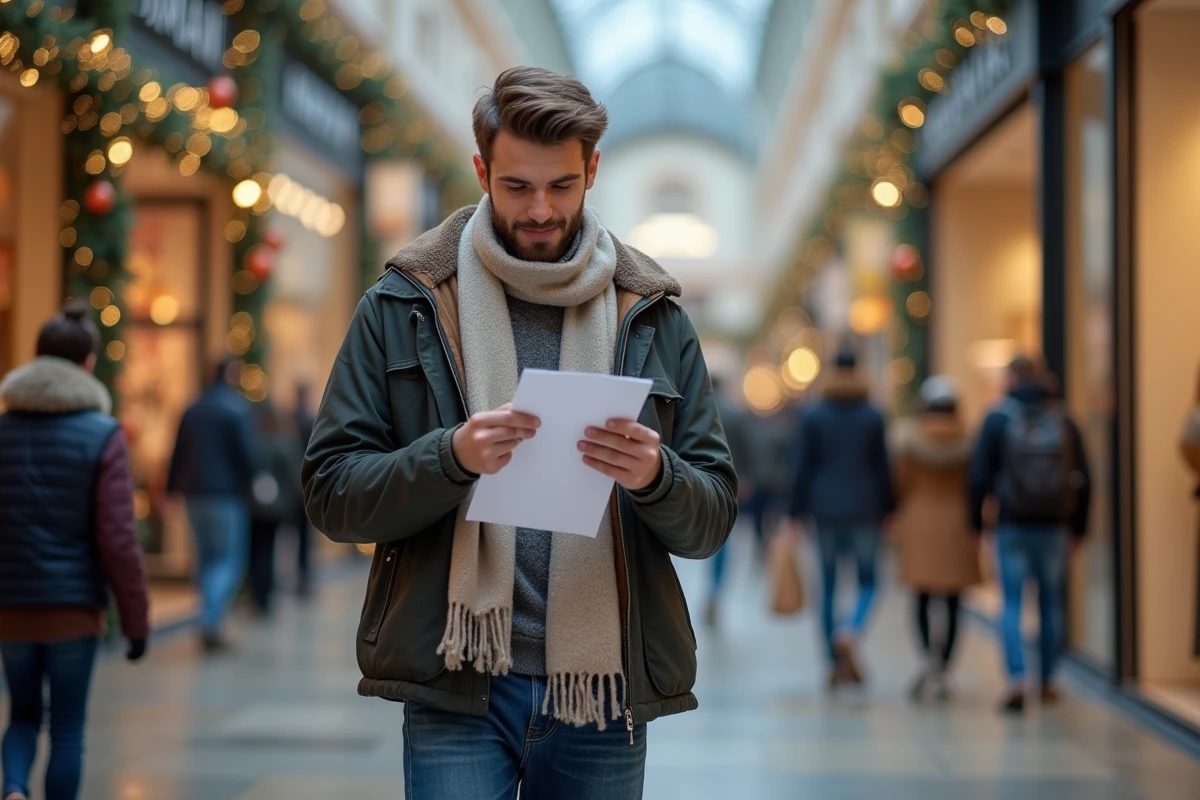 Jeune homme vérifiant sa liste devant un centre commercial