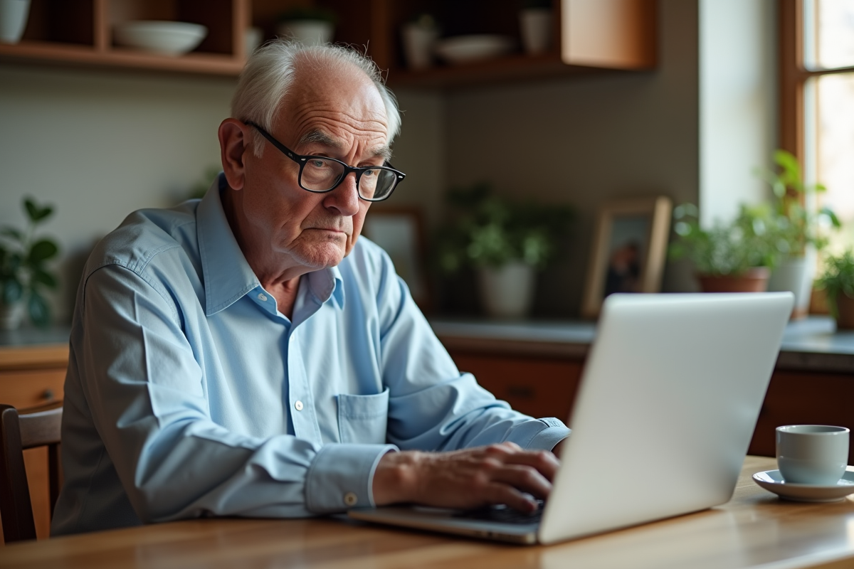 Homme âgé regardant sceptiquement son ordinateur portable dans la cuisine