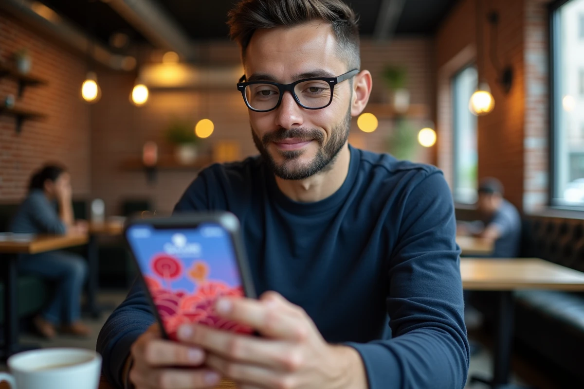 Homme tenant un smartphone affichant un jeu Google thème Année du Serpent dans un café urbain