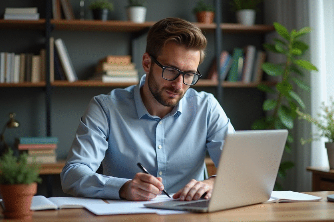 Homme d'affaires comparant prix de traduction au bureau
