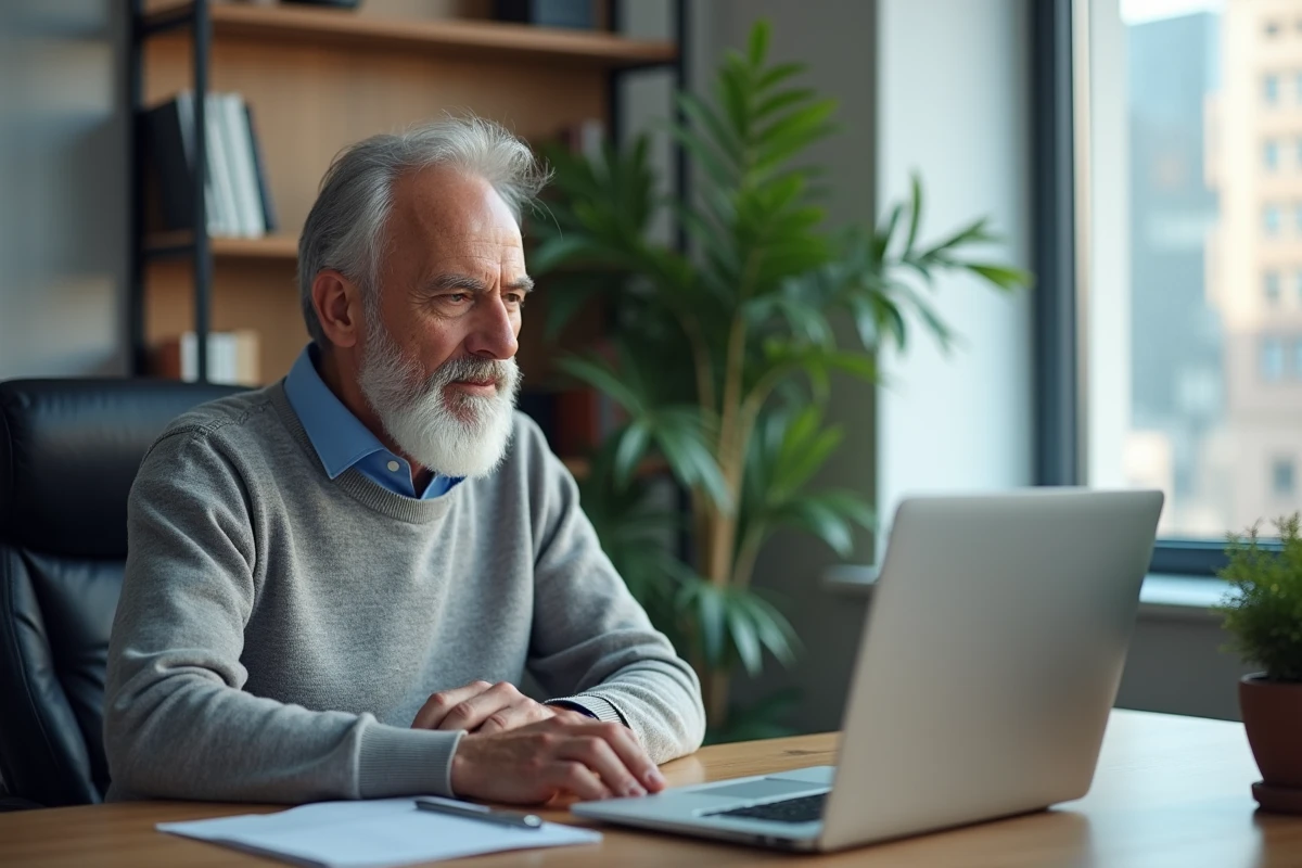 Homme âgé en consultation vidéo dans un bureau moderne