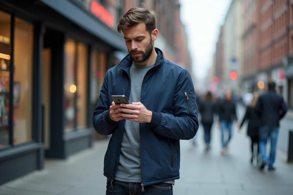 Homme en ville consultant un code promo pour forfait téléphonique économique sur smartphone