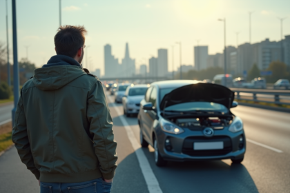 Homme frustré avec voiture en panne sur l'autoroute urbaine