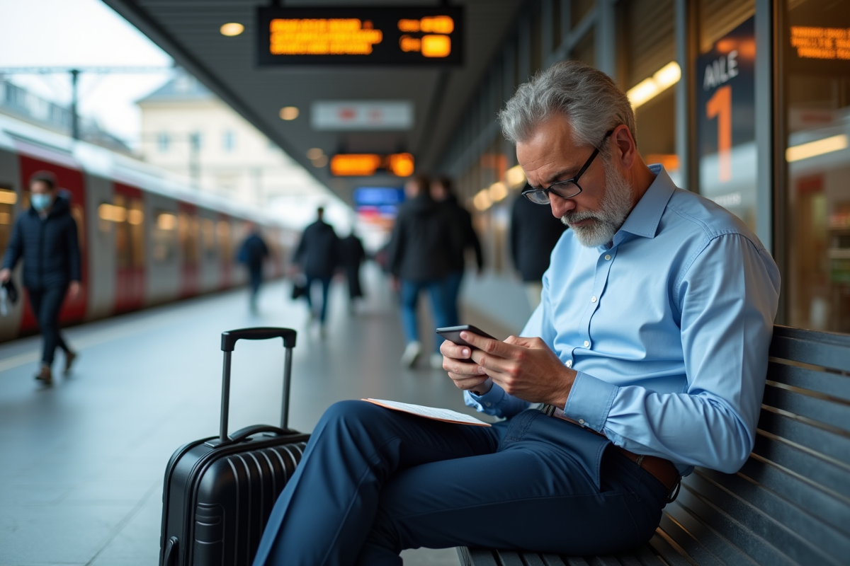 Homme français voyageant à la gare en voyage