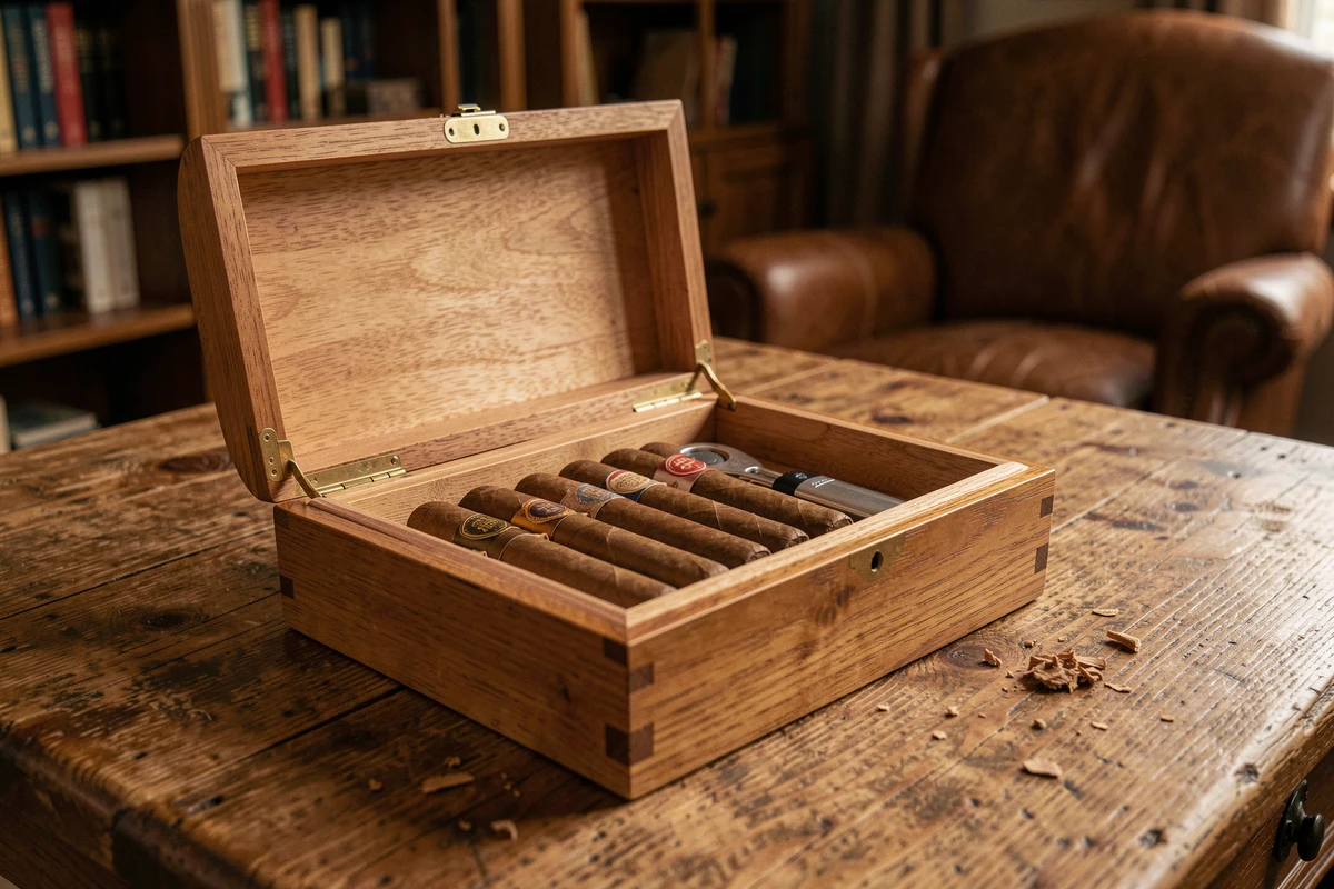 Humidor en bois ouvert avec plusieurs cigares et accessoires pour débutant sur une table en chêne