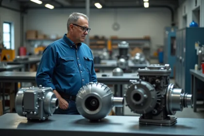 Ingénieur homme en atelier avec moteurs et outils