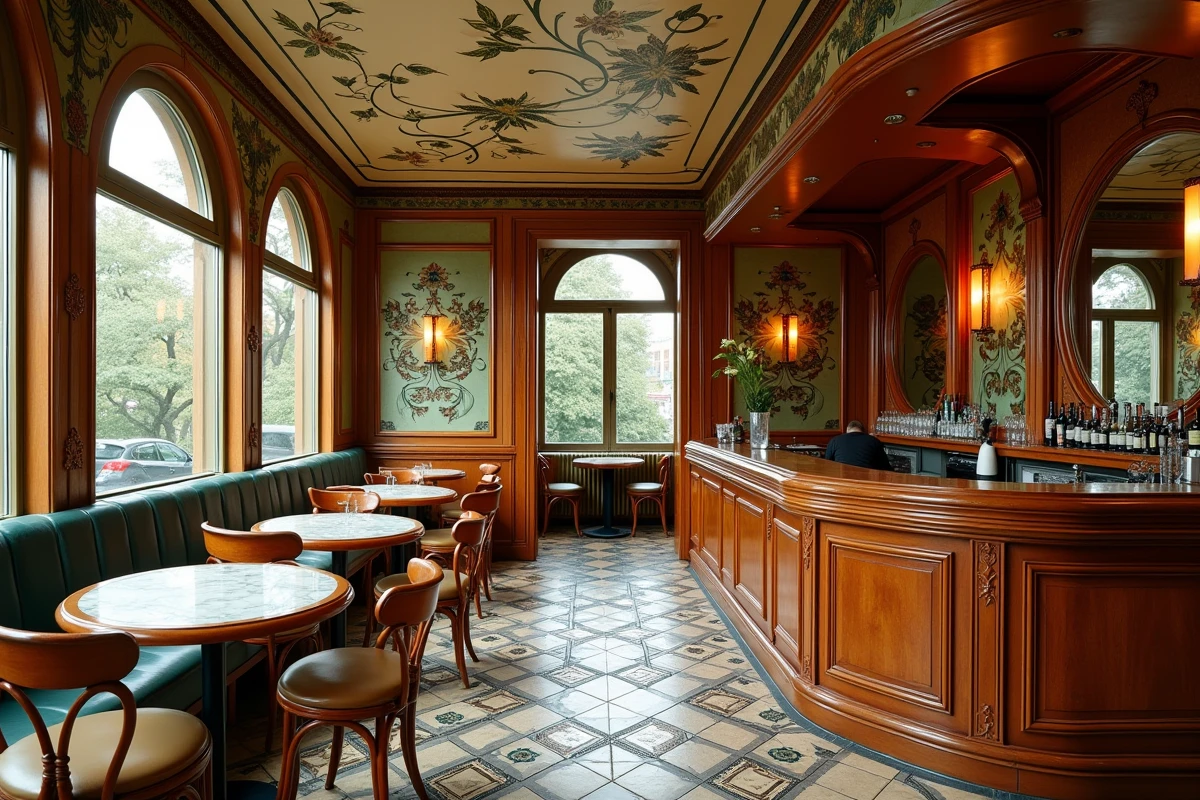 Intérieur d'une brasserie Art nouveau avec comptoir en acajou sculpté, carreaux de céramique aux motifs floraux et plafond en plâtre ondulé