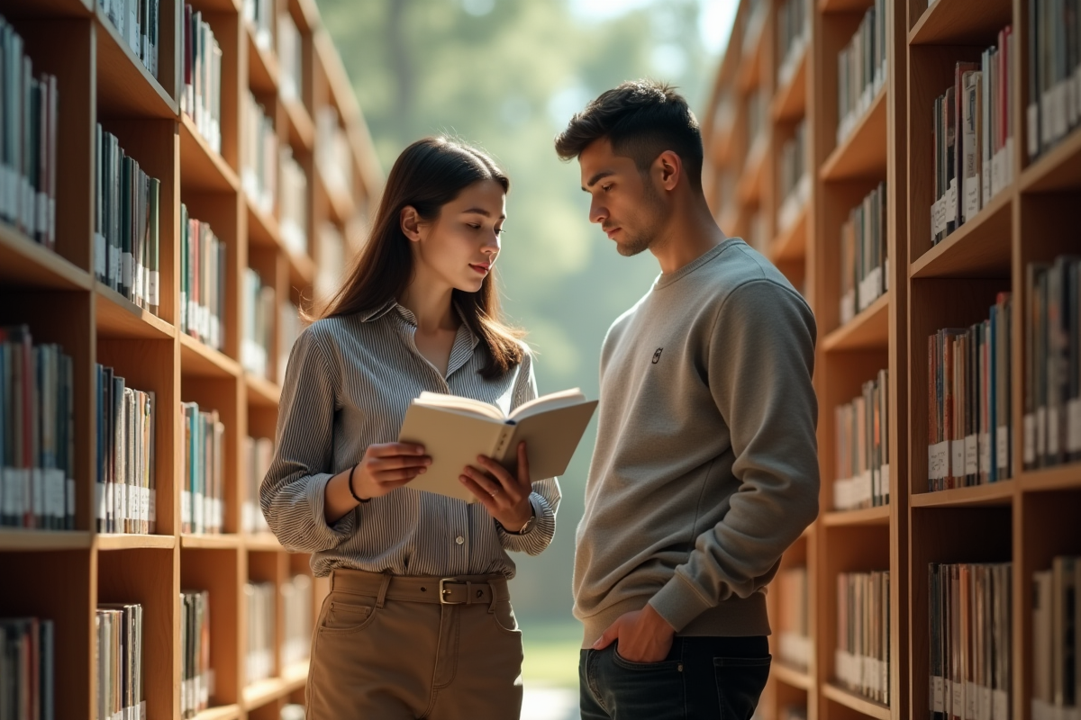 Jeune adulte dans une bibliothèque moderne et lumineuse