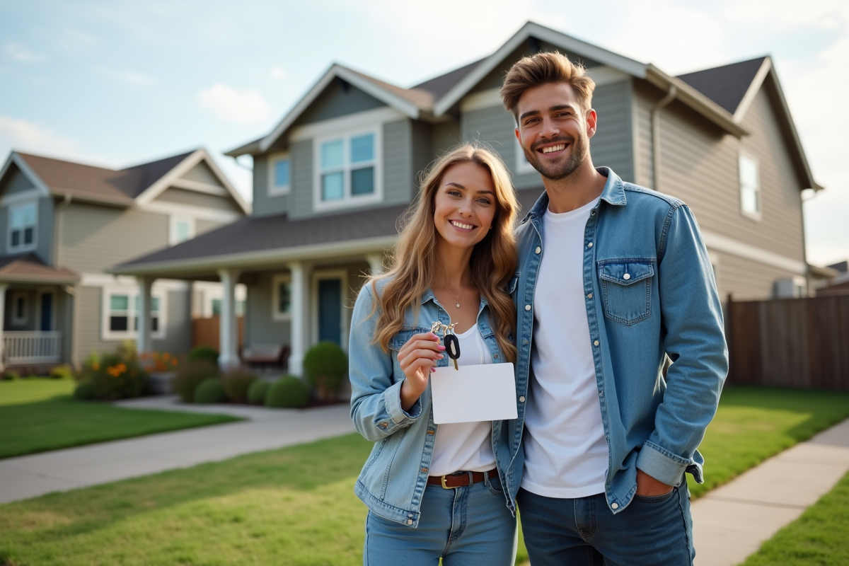 Jeune couple souriant devant leur maison achetée avec des clés et un panneau vendu