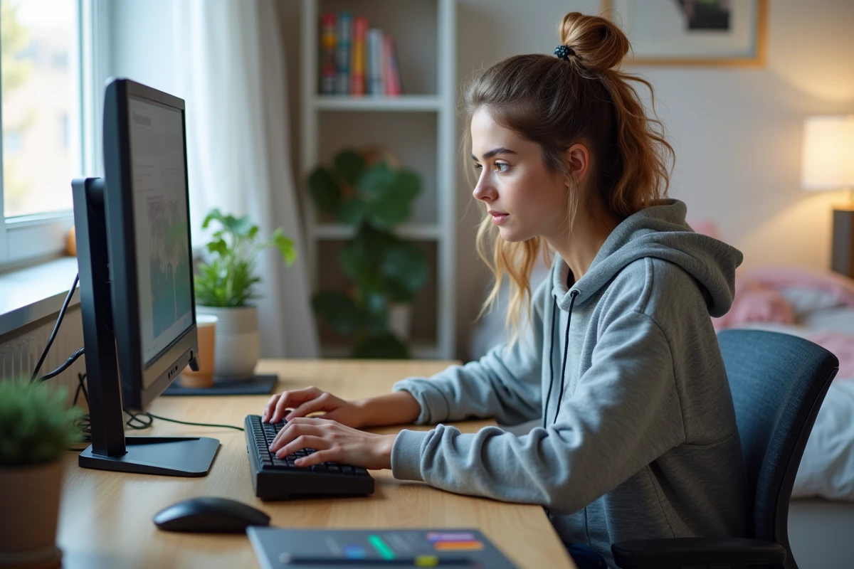 Jeune femme concentrée devant son ordinateur dans une chambre lumineuse
