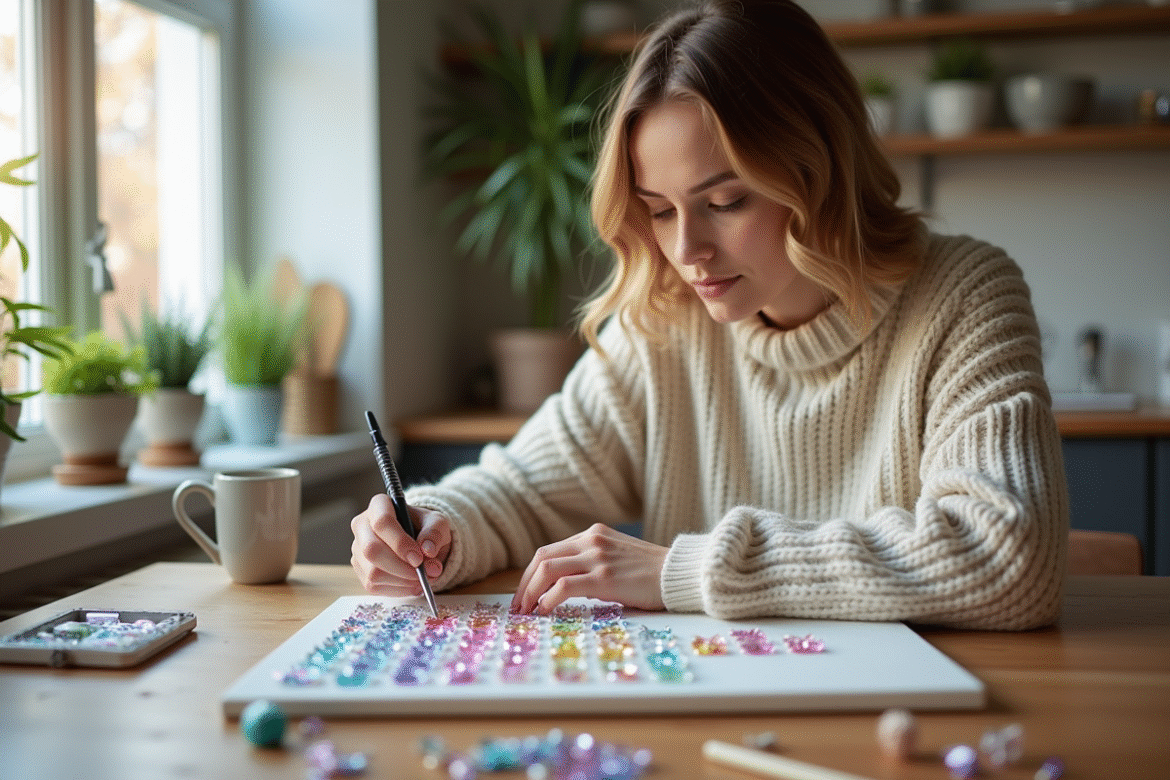 Jeune femme faisant du diamant peinture dans la cuisine lumineuse