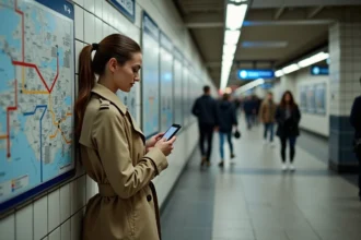 Jeune femme avec manteau regardant la carte du métro de Toulouse