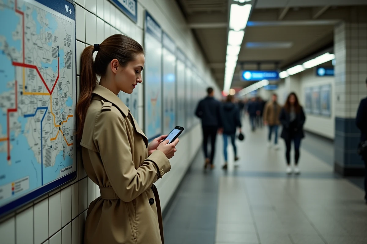 Jeune femme avec manteau regardant la carte du métro de Toulouse