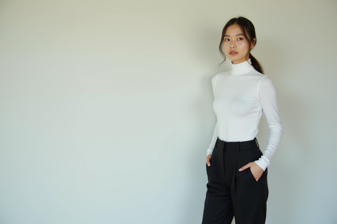Jeune femme en turtleneck blanc et pantalon noir dans un décor minimaliste