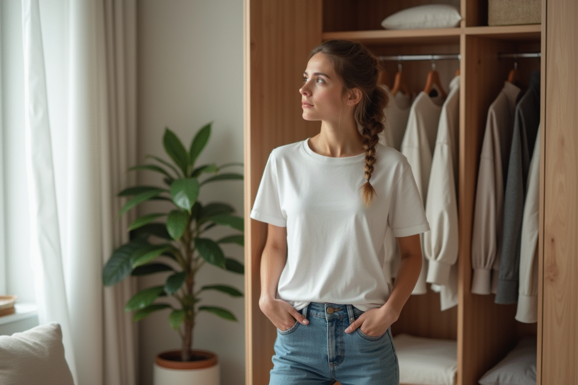 Jeune femme choisissant une tenue minimaliste dans sa chambre