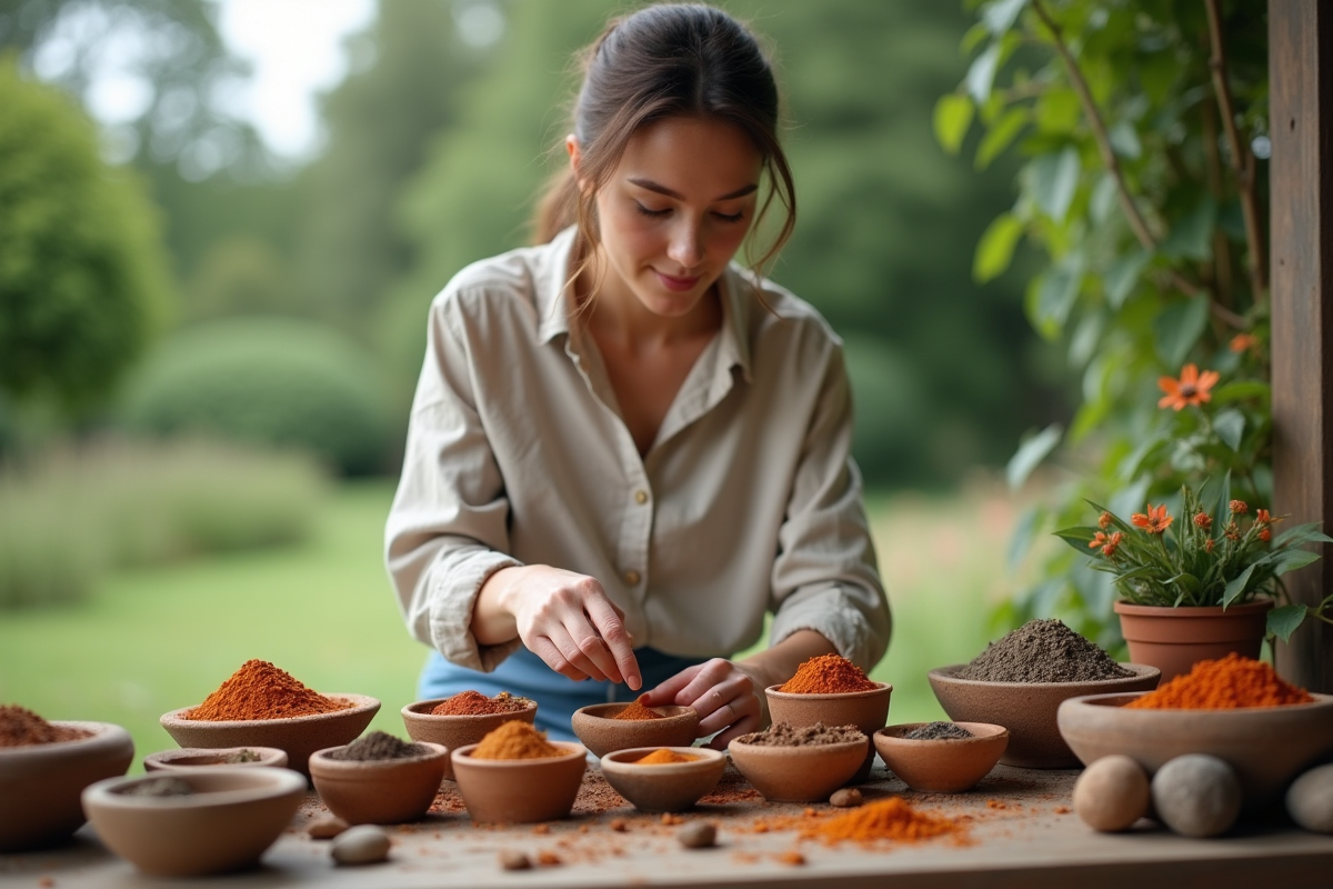 Jeune femme inspectant des pigments naturels dans un jardin