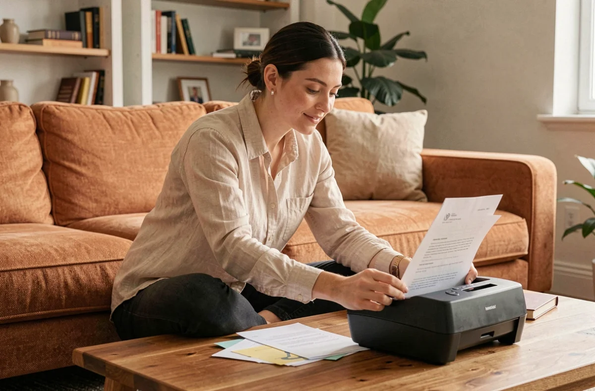 Jeune femme utilisant un scanner de documents compact de façon sereine dans son salon