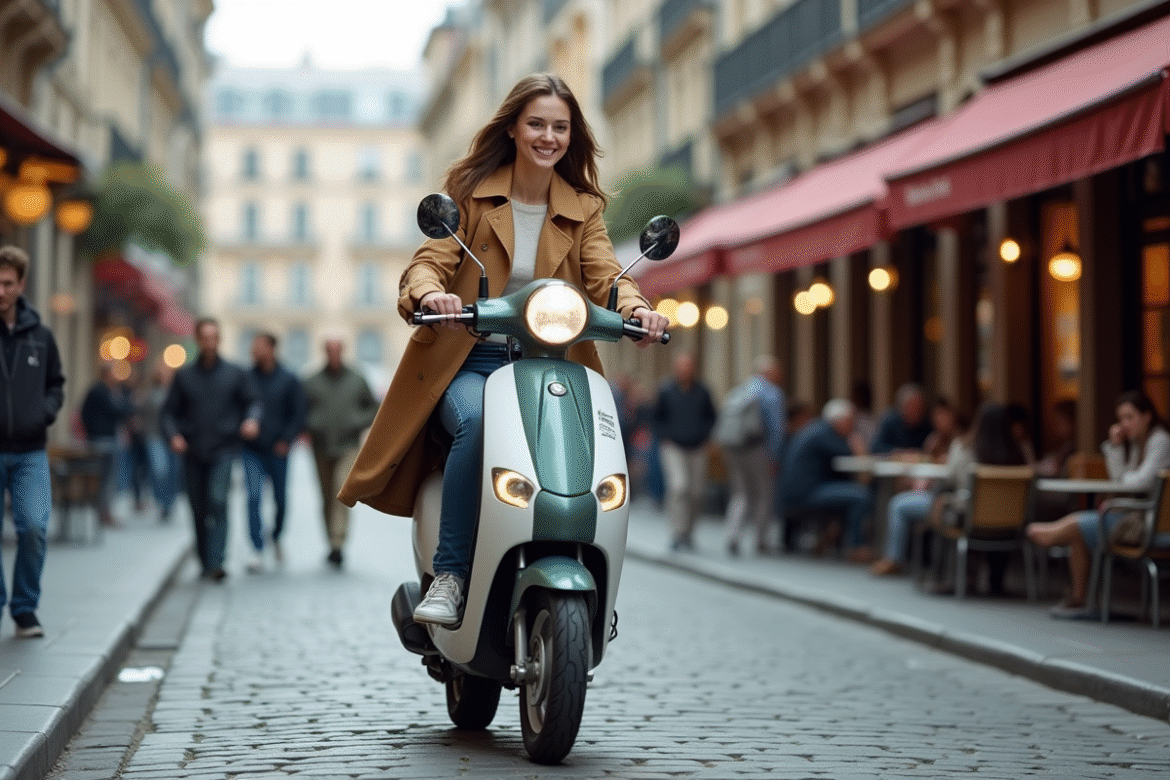 Jeune femme souriante en scooter dans une ville européenne