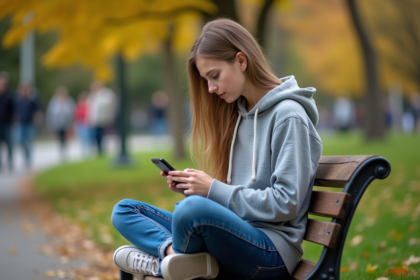 Jeune fille en jeans et hoodie utilisant son smartphone dans un parc
