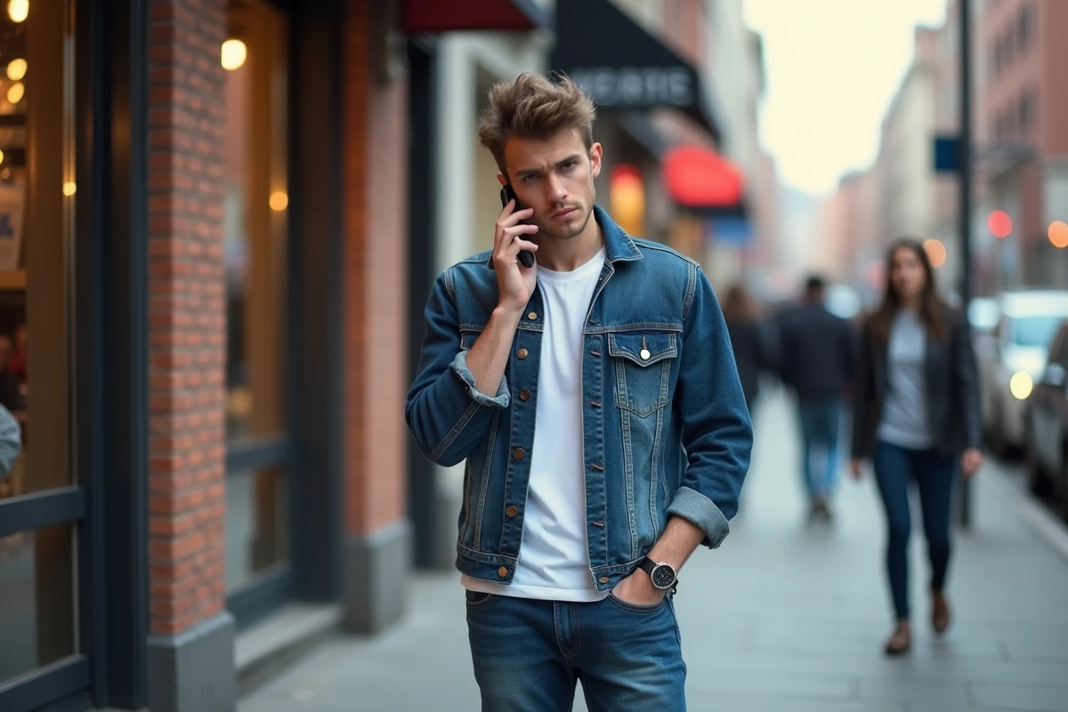Jeune homme en denim répondant au téléphone dans la rue