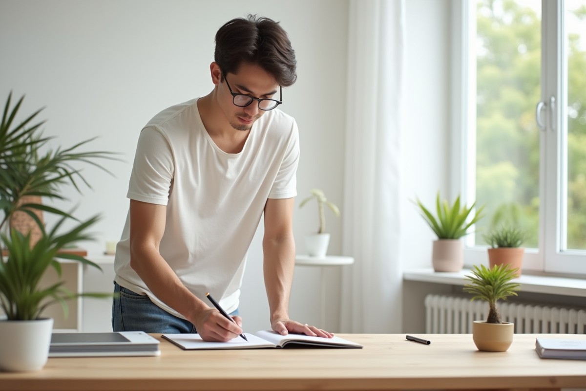 Jeune homme arrangeant des objets sur un bureau