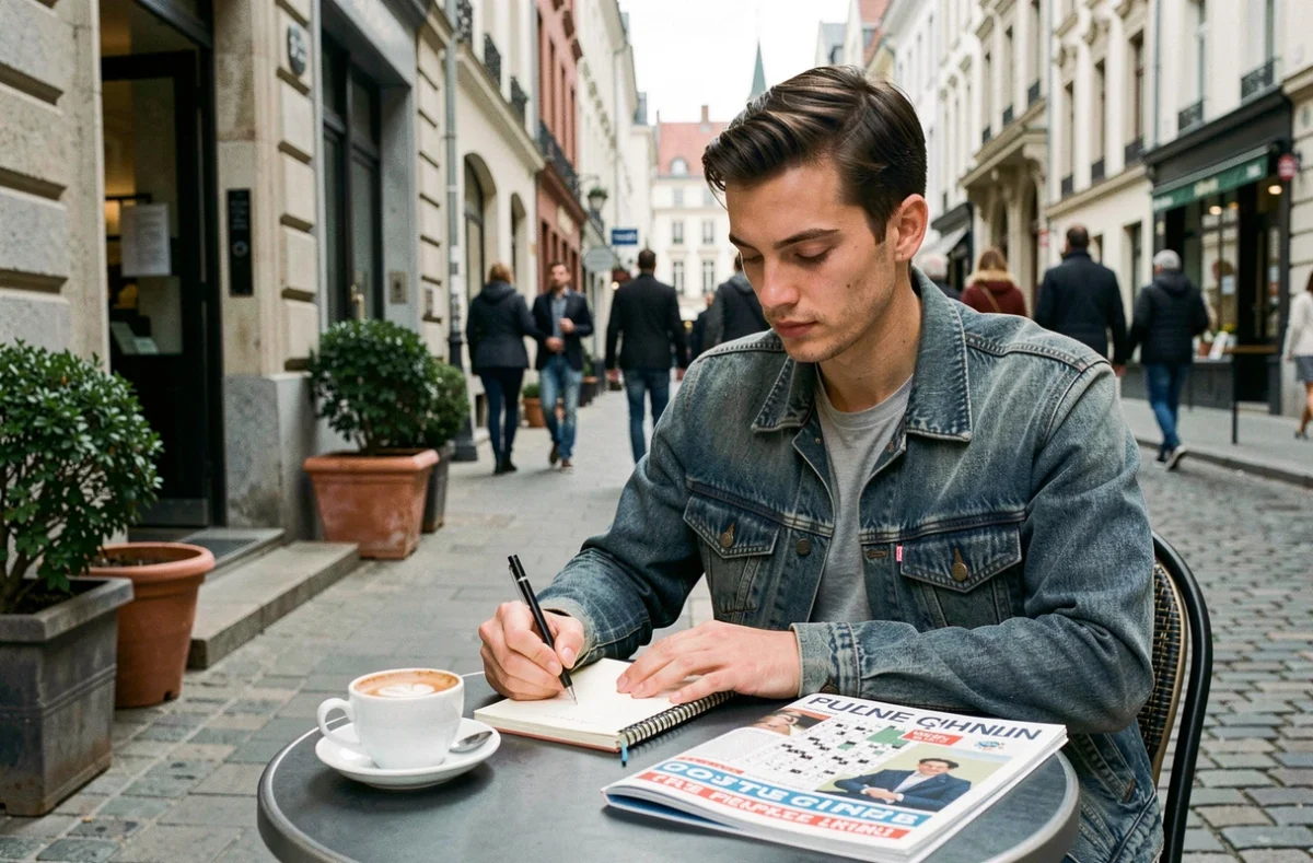 Jeune homme résolvant des mots croisés dans un magazine français en terrasse de café dans une rue piétonne belge