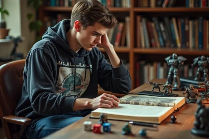 Jeune homme curieux avec règle Warhammer 40K dans son bureau