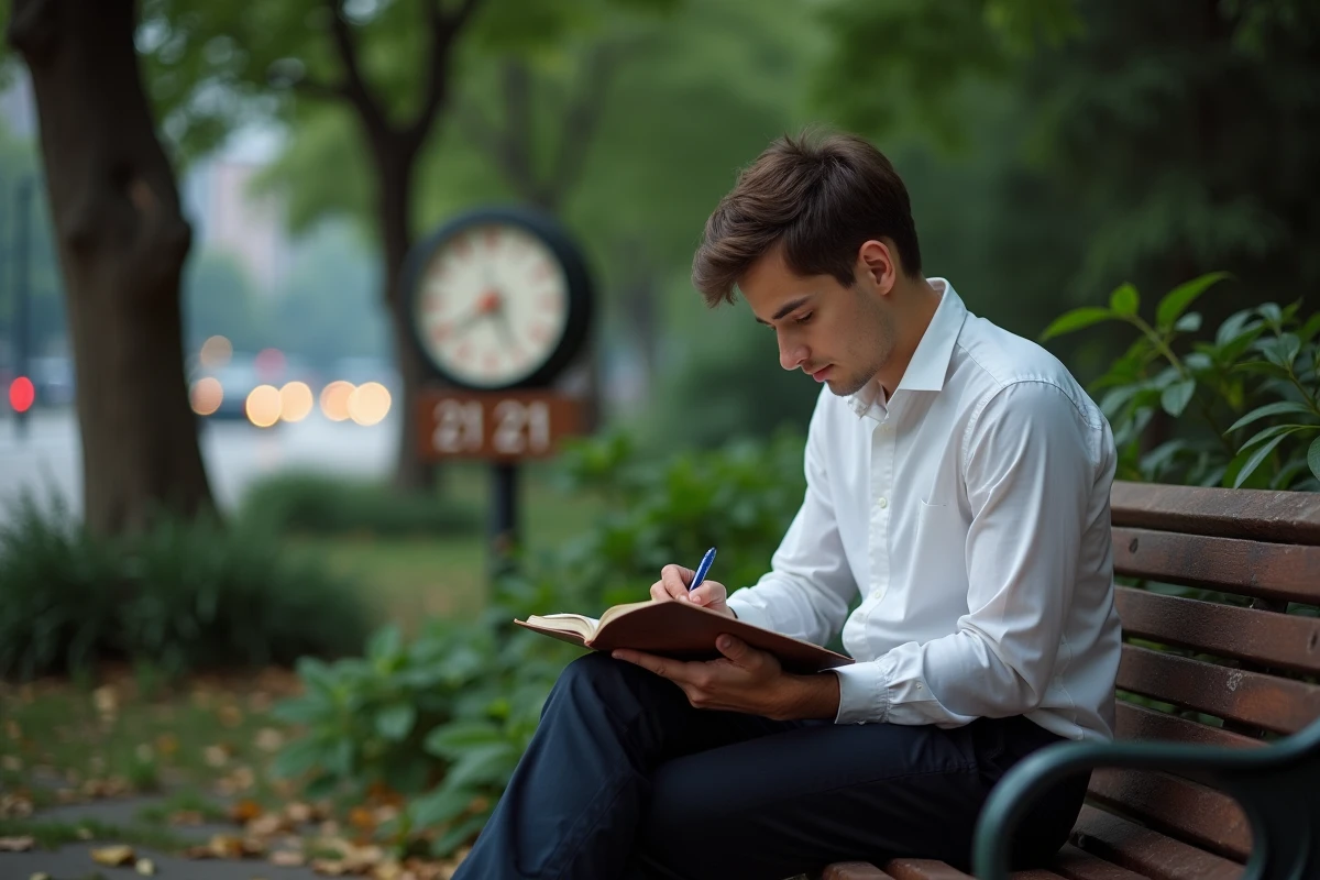 Jeune homme écrivant dans un journal avec 21h21