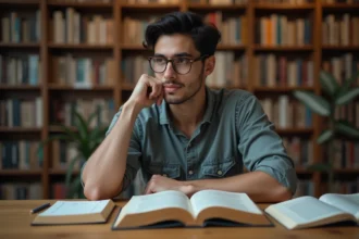 Jeune homme absorbé par la lecture de livres arabes