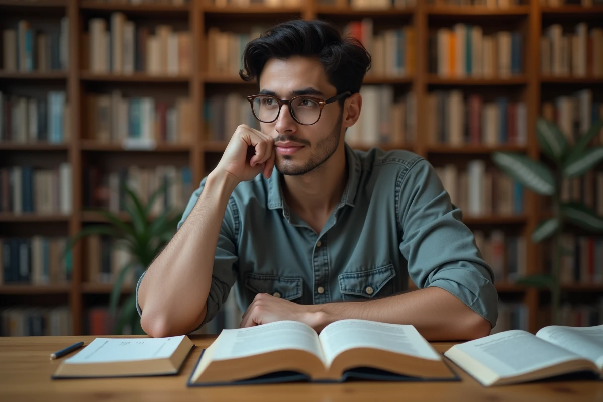 Jeune homme absorbé par la lecture de livres arabes